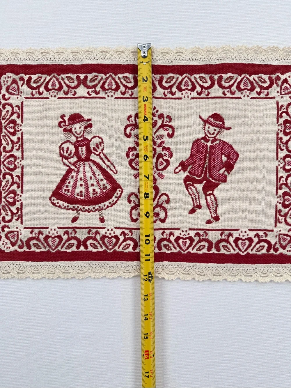 Vintage European Folk Art Table Mat Red Cream Lace Trim Alpine Couple